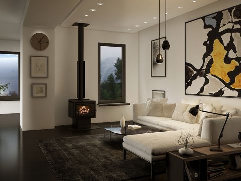 R3000 Freestanding radiant wood fire with wood stacker